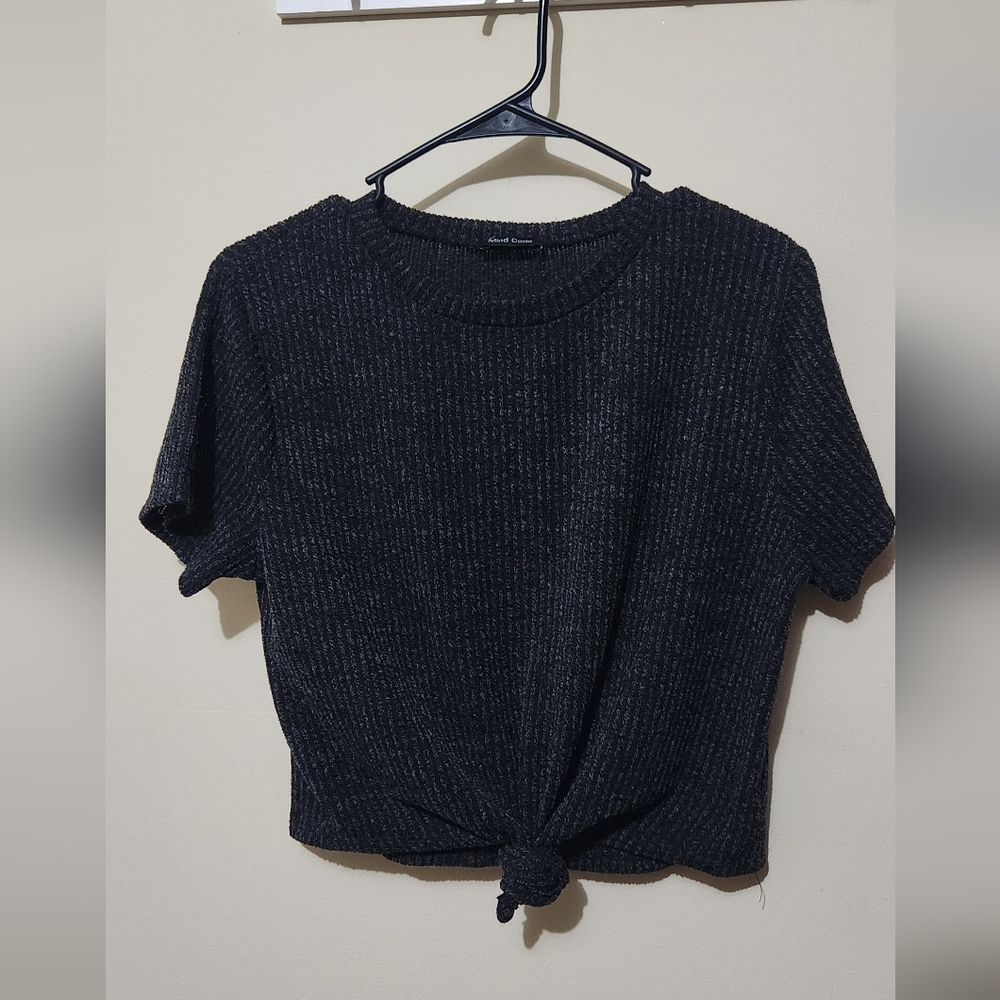 Black Ribbed Knit Tie-Front Top